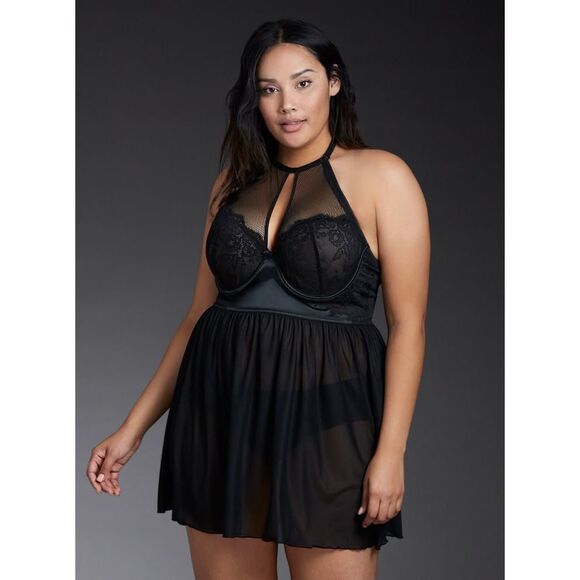 NEW Torrid Lace Mesh Babydoll size 3 3X 22 24 Black Halter - Picture 1 of 6